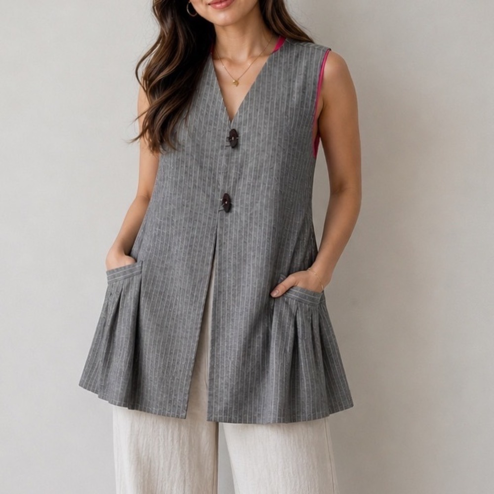 Connie's Moon Light Pinstripe Vest Gray Pink Lined Sleeveless natural fiber t2